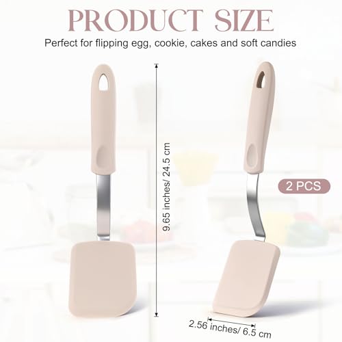 Silicone Cookie Spatula Turner 2 Pack Mini Brownie Spatula Flexible Kitchen Small Silicone Turner for Nonstick Cookware Heat Resistant No Scratch Flipper for Egg(Solid Flat,Khaki) - color: Khaki