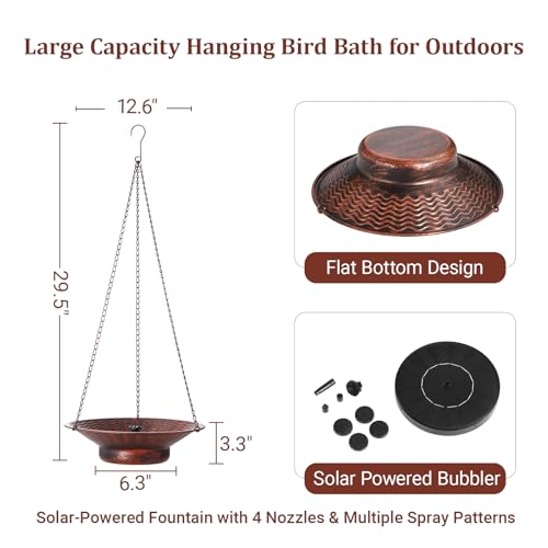 12.6" Hanging Solar Bird Bath Metal for Outside Bronze | Hanging Bird Bath with Solar Fountain, Hanging Birdbath Bubbler for Outdoors Backyard Patio Garden Decor - color: Bronze