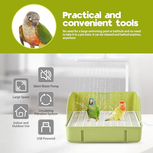 Automatic Bird Bath, Parrots Bath Shower with USB Pump with Regulating Water Valve, Parrot Bathtub , Large Bird Fountain, Filter Sponges & Circulating Water, for African Grey, Cockatiel, Conure(Green)