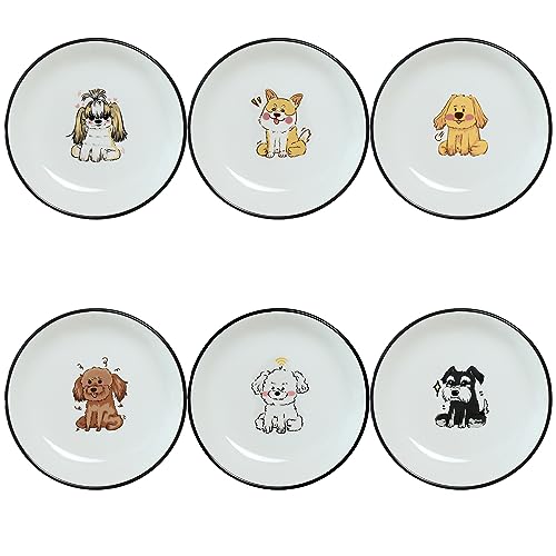 Funny Cartoon Cute Dogs Pattern Ceramic Sauce Dishes, Seasoning Dishes, Sushi Soy Dipping Bowls, Appetizer Plates, Dessert Plates, Little Cat Bird Feeding Bowls, Set of 6-Cute Dogs-5 Inch - color: Cute Dogs, size: 5 Inch