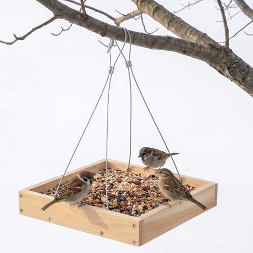 Lightweight Wooden Platform Bird Feeder with Drainage Tray | Wooden feeder keeps seeds fresh, lightweight 0.55LB tray design, attracts cardinals, woodpeckers and wild birds.