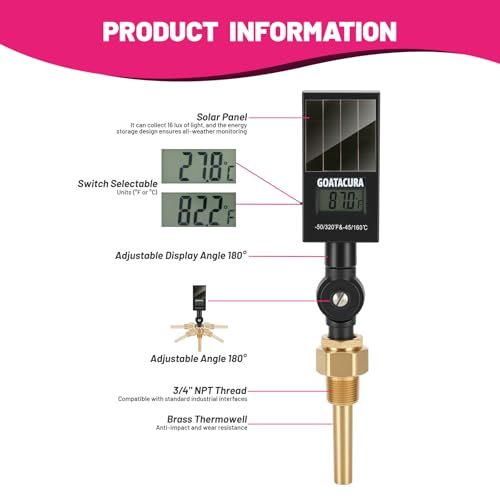 Solar Digital Thermometer, Industrial Thermometer, Brass Thermowell, 3/4" NPT Lower Mount, 3.5" Stem, -50-320 Deg F/-45-160 Deg C, 1% Accuracy