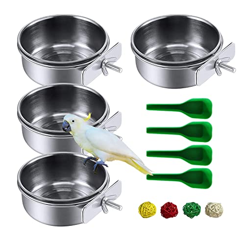 kathson 4 Pcs Stainless Steel Bird Feeding Bowl,Parrot Feeder Dish Cups Birds Cage Water Food Bowls Coop Cup with Clamp Holder for Parrots Cockatiel Budgies Parakeet Lovebird(L) - size: 【L:5.5x2.0 Inches】