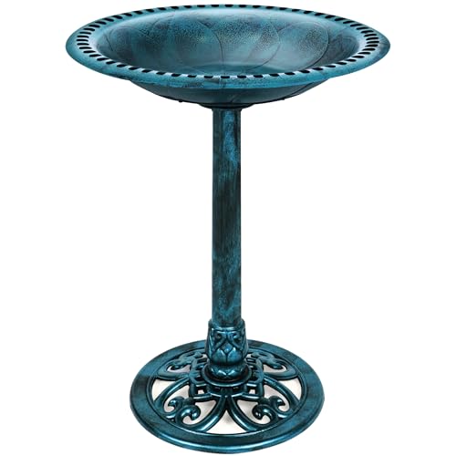 Best Choice Products 28in Pedestal Bird Bath, Vintage Outdoor Resin Accent Decoration w/Fleur-de-Lis Accents - Peacock Blue - color: Peacock Blue