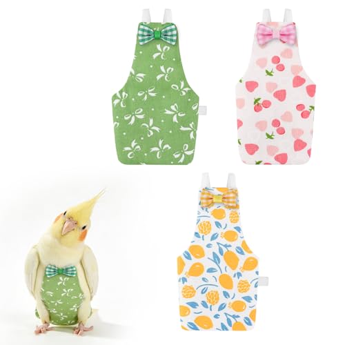 Bird Diaper Flight Suit, 3-Packs Lightweight Reusable Washable Elastic-Straps Parrot Clothes for Peony/Monk Parakeet, Prevents Poop Leaks & Feather Pecking (Bow+Lemon+Cherry, L) - color: Bow+Lemon+Cherry, size: L