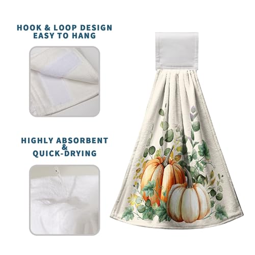 Fall Autumn Hanging Kitchen Towels Thanksgiving Pumpkin Hand Towel with Hanging Loop Vintage Checkered Plaid Dish Towels Soft Absorbent Fingertip Bath Tie Towel for Bathroom Decorative Set of 2 - color: Fall Pumpkin