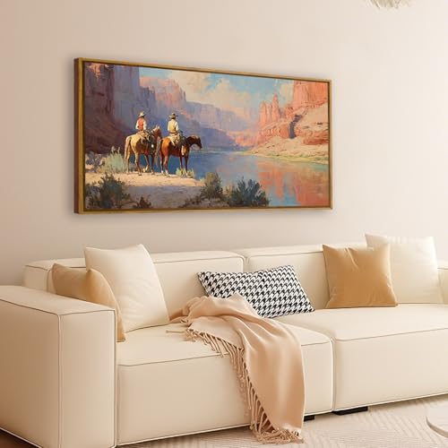 QTUSYUR Western Cowboy Wall Art - Large Farmed Desert Landscape Art Print -Rodeo Horseback Riding Canvas Artwork for Farmhouse Boys Bedroom Living Room- Mid-Century Modern Wall Picture for Home Decor 20×40 IN - style: cowboy