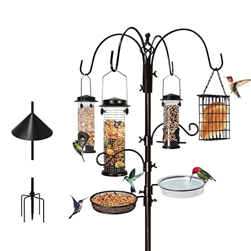 6-Hook Bird Feeding Station with Squirrel Baffle, 94 Inch | Multi-Feeder Kit Stand Pole for outdoors with 4 Bird Feeders, Bath Bowl, Mesh Tray for Attracting Wild Birds