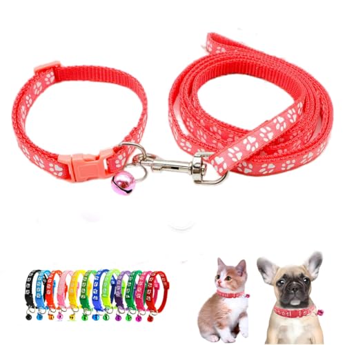 XS Dog Collar with Bell Leash Set,Puppy Cat Kitten Collars, Bright Red XXS | Paw Print Reflective Dog Collar Leash Set with Bell, Basic Nylon Boy Girls Pet Collar Adjustable For XXS XS S Tiny Puppies - color: watermelon red