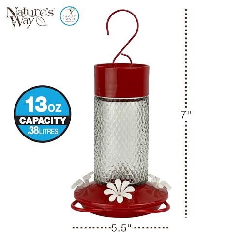 Nature's Way Hanging Glass Hummingbird Feeder for Outdoor Décor, 13 Ounce Capacity Nectar Feeder, Ant Moat, 4 Easy to Clean Flexible Ports, Red - style: 13 Ounce Capacity