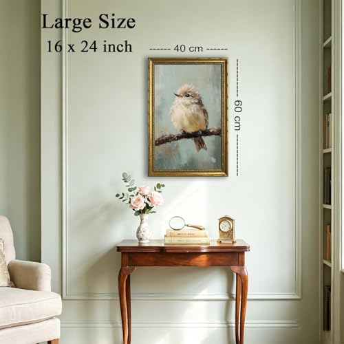 DR.RiftArt Cute Fluffy Bird on Branch Wall Art Rustic Farmhouse Decor | Vintage Gold Framed Bird Oil Painting Canvas Print, Animal Wall Decor for Living Room Bedroom Office, 16x24 Inch - color: Cute Bird, size: 24"L x 16"W