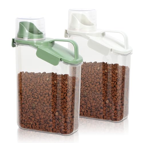TBMax Rice Container Cereal Storage Container 2 Pack, Kitchen Pantry Dry Food Storage Holder with Easy-Pouring Spout & Handy Cup, Small Pet Dog Cat Food Dispenser for Daily Feeding - color: Beige&Green 3.2+3.2Qt