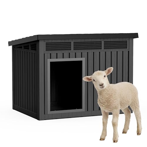DRATO Goat House, Weather Resistant Resin Dog Houses with Sloped Roof & Louvered Ventilation, Outdoor Small Animal Shelter for Goats and Pets, Easy Assemble, Black - color: Black, size: 32.2*25.12*24.13