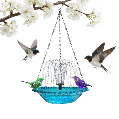 Hanging Bird Bath Fountain, Cascading Outdoor Birdbath with Glass Bowl, USB-Powered Water Feature for Garden, Patio, Yard Decor, Attracts Hummingbirds & Wild Birds