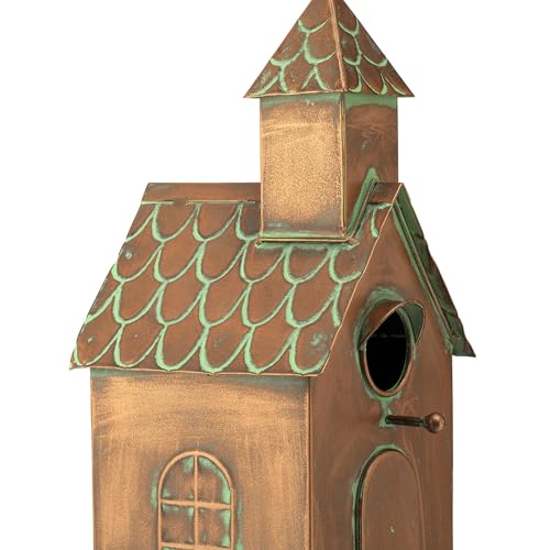 Glitzhome Bird House for Outdoors, 53.00" H Farmhouse Faux Copper Distressed Metal Bird House Church Birdhouse Decorative Garden Birdhouse with Stake