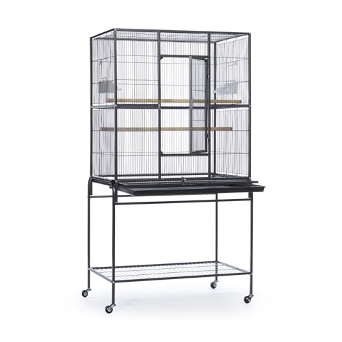 Prevue Pet Products Flight Cage with Stand - Large Metal Bird Cage with Removable Tray, Wood Perches, Double Feeders & Storage Shelf on Rolling Casters, Ideal for Small to Medium Birds - Black - color: Black