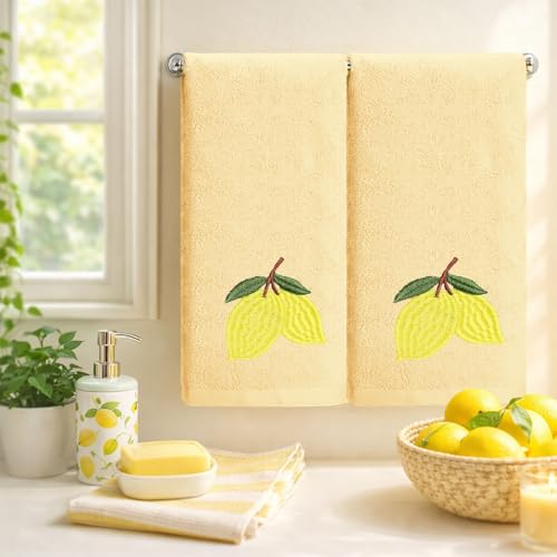 SmoothNovelty 2 Pcs Lemon Hand Towels Yellow Bathroom Decor 14x29 Inch | Embroidered Bathroom Hand Towels, 100% Cotton, Soft Absorbent, Spring Summer Bathroom Kitchen Decor - style: Lemon