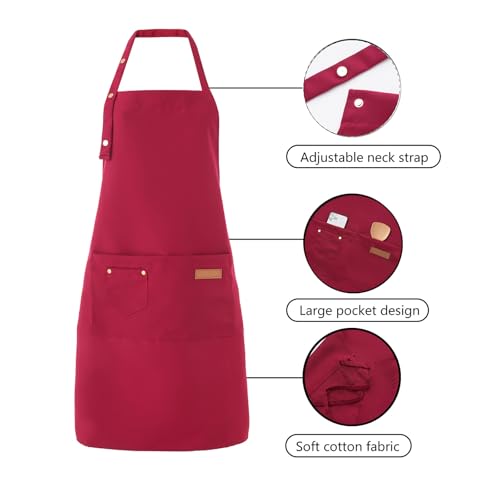 Tosewever Art Aprons for Women Painting Pottery Baking, Mens Buckle Straps Kitchen Apron with Pockets for Chef Cooking - color: Red