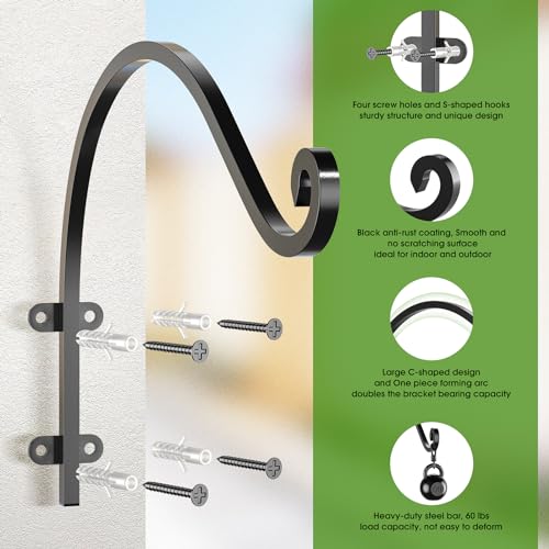 EPHECH 6Pack 12Inch Heavy Duty Hanging Plant Brackets for Plant Baskets | 80Lbs Outdoor and Indoor Hanging Brackets | Black Metal Wall Plant Hanger Hooks for Hanging Flower Pot Bird Feeder Lanterns - size: 6PCS-12Inch