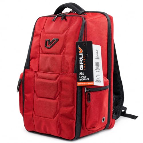 Gruv Gear Travel Laptop Backpack, 20L Red Tech Backpack with Modular Storage Shelves, Dual Access Pockets & TSA-Friendly Design, Compact Carry-On Backpack for Work, Travel & Everyday Carry - color: Red/Carbon Fiber