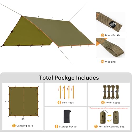 FREE SOLDIER Waterproof Camping Tarp Shelter Awning | Lightweight, Compact, Quick Setup, Waterproof Sun Shelter Campingtarp,For Backpacking, Beach, Travel and Outdoor Activities - color: Brown 13×13ft