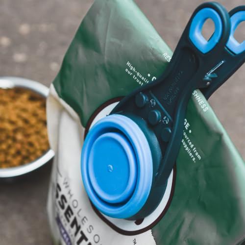 Dexas Popware for Pets Collapsible Klip Scoop, 3-in-1 Pet Food Scoop, Measuring Cup and Bag Clip, 1 Cup Capacity, Pro Blue - color: Pro Blue, size: 1 Cup Capacity