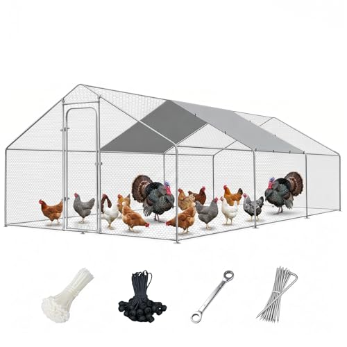 Metal Chicken Coop with Waterproof Pitched Roof, 19.7×9.8×6.4ft | Thickened Steel Frame, Predator-Proof Wire, Weatherproof & UV Resistant Cover, Detailed Assembly Guide & Tool Kit - size: 236.4"L x 118.1"W x 76.8"H