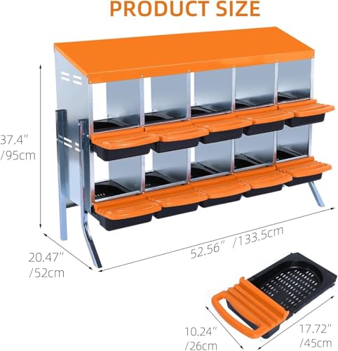 10-Hole Chicken Nesting Box with Removable Lid, Metal Chicken Coops with Roll Away Design/Easy Egg Collection/Ventilation Holes, for Chickens Coops, Duck and Hens - color: Orange, size: 10 holes with legs