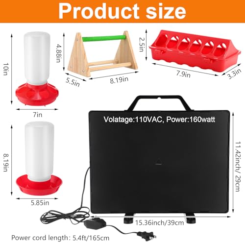 VIHOSE Chicken Coop Heater Chick Starter Kit Include 160w Adjustable Radiant Heat Panel 0.8 Gal Chicken Waterer and 2.9 Lbs Feeder and Chick Perch Flip Top Poultry Feeder