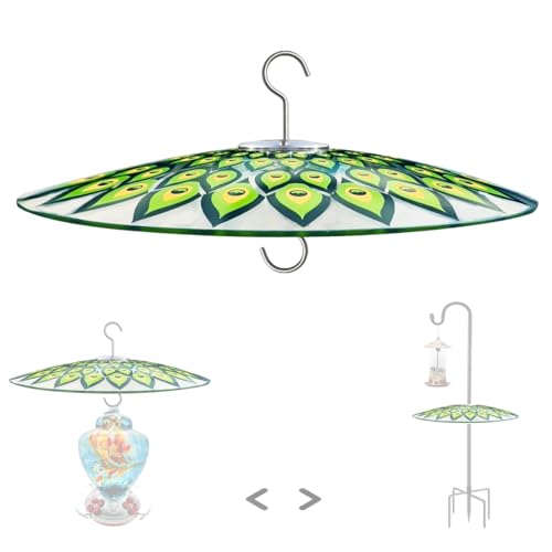 13" Large Glass Rain Cover for Bird Feeder, Peacock Weather Guard Dome | Stainless Hooks Squirrel Baffle, Dual Use Protective Shield on Shepherd Pole or Hook Hanging, Bird House Protector, Dia. 33cm - color: Peacock Feather, size: 1PC/Pack