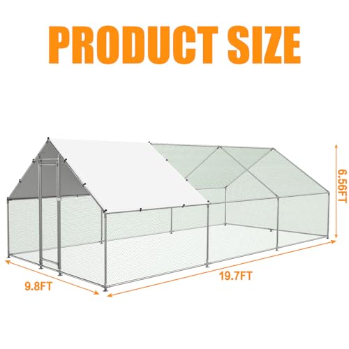NUGRIART Large Metal Chicken Coop Walk-in Poultry Cage Hen Duck Run House with Waterproof & Anti-UV Cover Galvanized Rabbits Habitat Spire Shaped Cage for Outdoor Yard Farm Use - size: 19.7' L x 9.8' W x 6.56' H