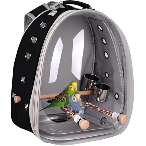 Bird Traval Carrier Cage, Multi Vent Holes Clear Space Capsule Astronaut Backpack to Carry Parakeet Cockatiel Parrot with Metal Tray Wood Perch, Vet Transport Book Bag - color: Black