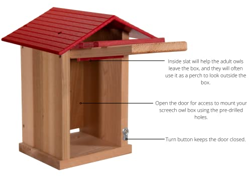 Screech Owl House Cedar Nesting Box with Poly Lumber Roof, Saw-Whet Owl Box for Outside, Drainage Ventilation, Easy Cleanout, Made in USA, Cardinal Red - color: Cardinal Red