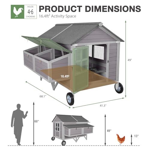 68.1" Extra Large Chicken Coop with Super Large Wheels, Mobile Hen House Poultry Cage with Strong Iron Frame, Outdoor Chicken House with 4 Nesting Boxes, 4 Perches for 6-8 Chickens