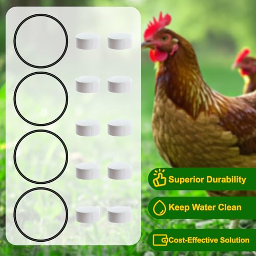 Plastic Poultry Waterer Replacement Parts Kit | 10 Caps & 4 O-Rings, Compatible with Miller, Little Giant PPF & Farm-Tuff 3/5/7 Gallon Poultry Founts (White) - color: White