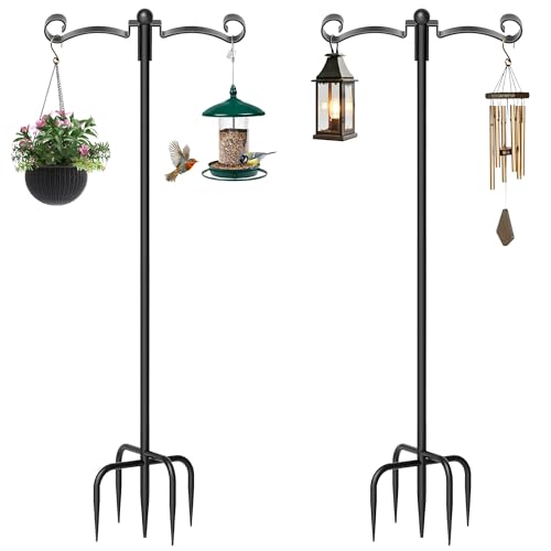 88" Adjustable Double Shepherds Hook for Outdoor, Heavy Duty 3/4" Thick Bird Feeder Pole with 5-Prong Base for Hanging Plant Baskets, Hummingbird Feeder, Solar Lights, Lanterns (2 Pack) - size: 2 Pack