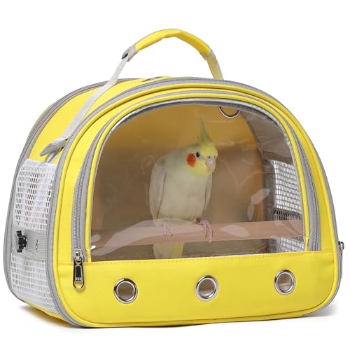Bird Carrier,Bird Cage Parakeet Parrot Budgie Carrier Backpack for Small Birds, Travel Bird Cages with Perch, Transparent Ventilation Cockatiels, Lightweight Pet Carrier for Outdoor Use(Yellow) - color: yellow