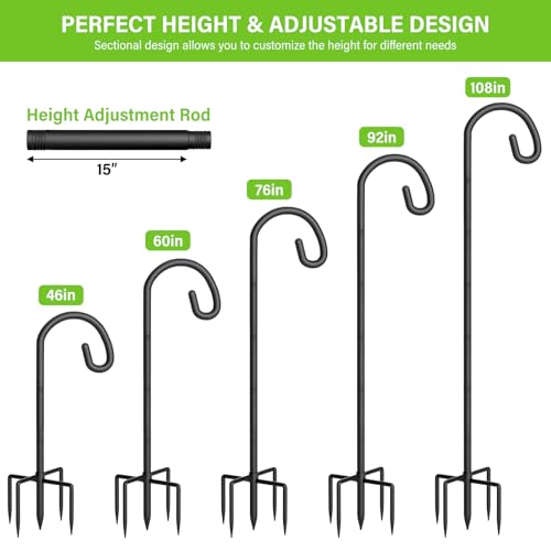 Shepherds Hook for Bird Feeder, 108" Heavy Duty Bird Feeder Pole with 5-Prong Base, Extra Thick Metal Shepherd Hook for Outdoor Hanging Plant Basket, Hummingbird Feeder, Solar Lantern, Black, 2 Pack - size: 108", style: 2 Pack