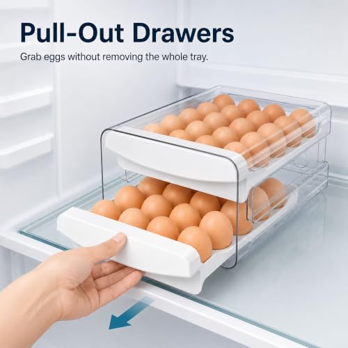 Egg Holder for Fridge, 40-Egg Refrigerator Organizer with Drawers | Egg Storage for Refrigerator, Clear Egg Container, 2-Tier Egg Tray for Fridge, Stackable Lid, BPA-free PET and PP, Hand Wash.