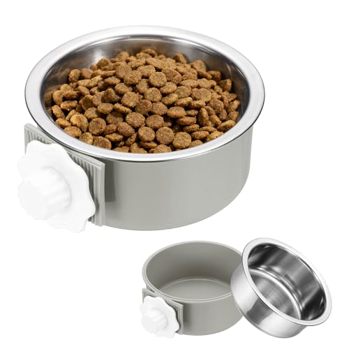 Crate Dog Bowl, Removable Stainless Steel Pet Cage Hanging Anti-Overturn Food Water Feeder Cage Cup (Round, Grey, 13.2oz), Intended for Puppies/Cat/Rabbit/Bird - color: Grey, size: 5.1"(13.2oz)