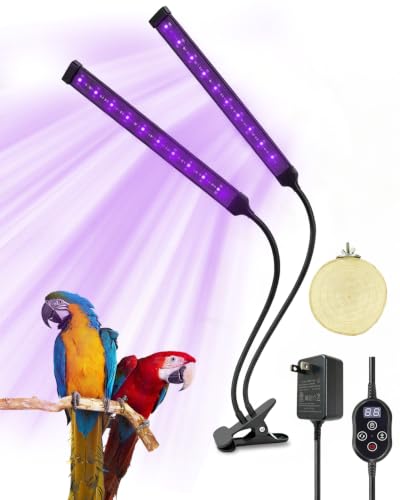 Bird Cage Light with UVA UVB, Full Spectrum Bird Lamp for Parrots | Dual-Head, 3 Modes, 4 UVB Levels (1.0-3.5), 24H Timer, 68 LEDs, Solid Wood Perch Included