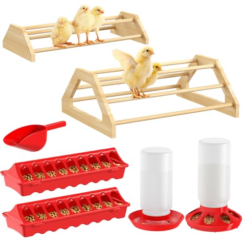 Pawaboo 7-in-1 Chicken Brooder Box Chick Starter Kit, Red + Wood Color | Includes Chicks Perches, Chicken Feeders, Chick Waterers, Chickens Feeding Spoon, Chicks Supplies (Brooder Set) - color: Red + Wood Color