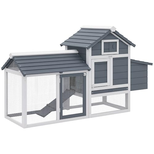 PawHut 59" Small Wooden Chicken Coop Hen House Poultry Cage for Outdoor Backyard with 2 Doors, Nesting Box and Removable Tray, White | Hen House Poultry Cage, 2 Doors, Nesting Box, Removable Tray - color: White