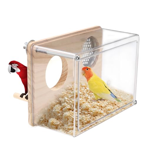 Parakeet Nesting Box for Cage, High-Transparent PET Parakeet Nest, Versatile Bird Houses for Canary, Lovebird and Parrot, Bird Boxes for Nesting with Wood Perch, Bird Cage Accessories (S, Rectangle)