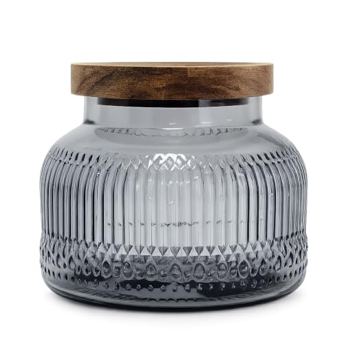 Decorative Grey Ribbed Glass Jar with Airtight Wooden Lid, 25.4 fl. oz | Wide mouth vintage storage canister, kitchen pantry bathroom organization, coffee sugar tea cookie candy candle vase gift - size: 25.4 Ounces, style: Grey Ribbed