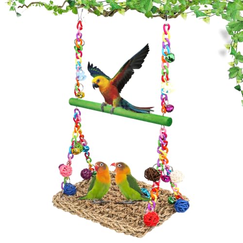 Bird Swing Mat with Wood Perch, AHIER Seagrass Bird Hammock for Conures with Chewing Toy for Parakeets, Budgie, Cockatiel Cage Accessories (Green Pole) - color: Green Pole