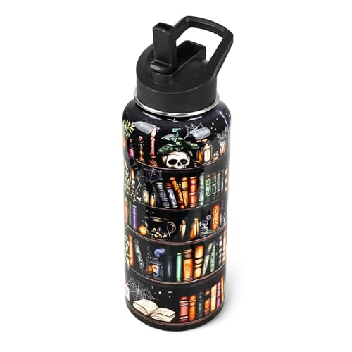 Bookshelf Water Bottle with Straws Halloween Skull Goth Insulated Bottles Travel Thermal Double Walled Vacuum Cup Leak Proof Tumbler Gifts for Readers,Reading,Bookish,Librarian-32 oz - color: black books