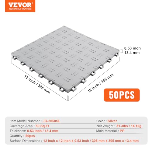 VEVOR Garage Floor Tiles 12 x 12 x 0.53 inch, Interlocking Design Ease of Installation Double-Sided Texture Non-Slip Sturdiness, for Garages, Basements, Repair Shops, Silver, 50 Pack | Easy Installation Double-Sided Texture Non-Slip Sturdiness, Premium PP