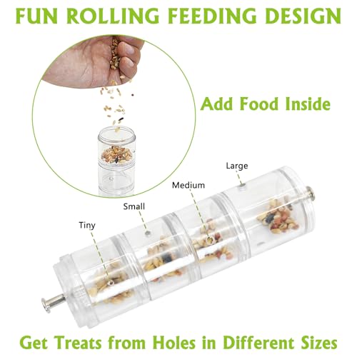 BNOSDM Bird Feeder for Cage with Rotating Foraging Toy No Mess Acrylic Hanging Food & Water Dispenser with Stainless Steel Bowl & Anti-Slip Perch Stand for Parrot, Budgie, Parakeet, Lovebird, Canary
