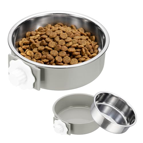 Crate Dog Bowl, Removable Stainless Steel Pet Cage Hanging Anti-Overturn Food Water Feeder Cage Cup (Round, Grey, 25.3oz), Intended for Puppies/Cat/Rabbit/Bird - color: Grey, size: 6.4"(25.3oz)